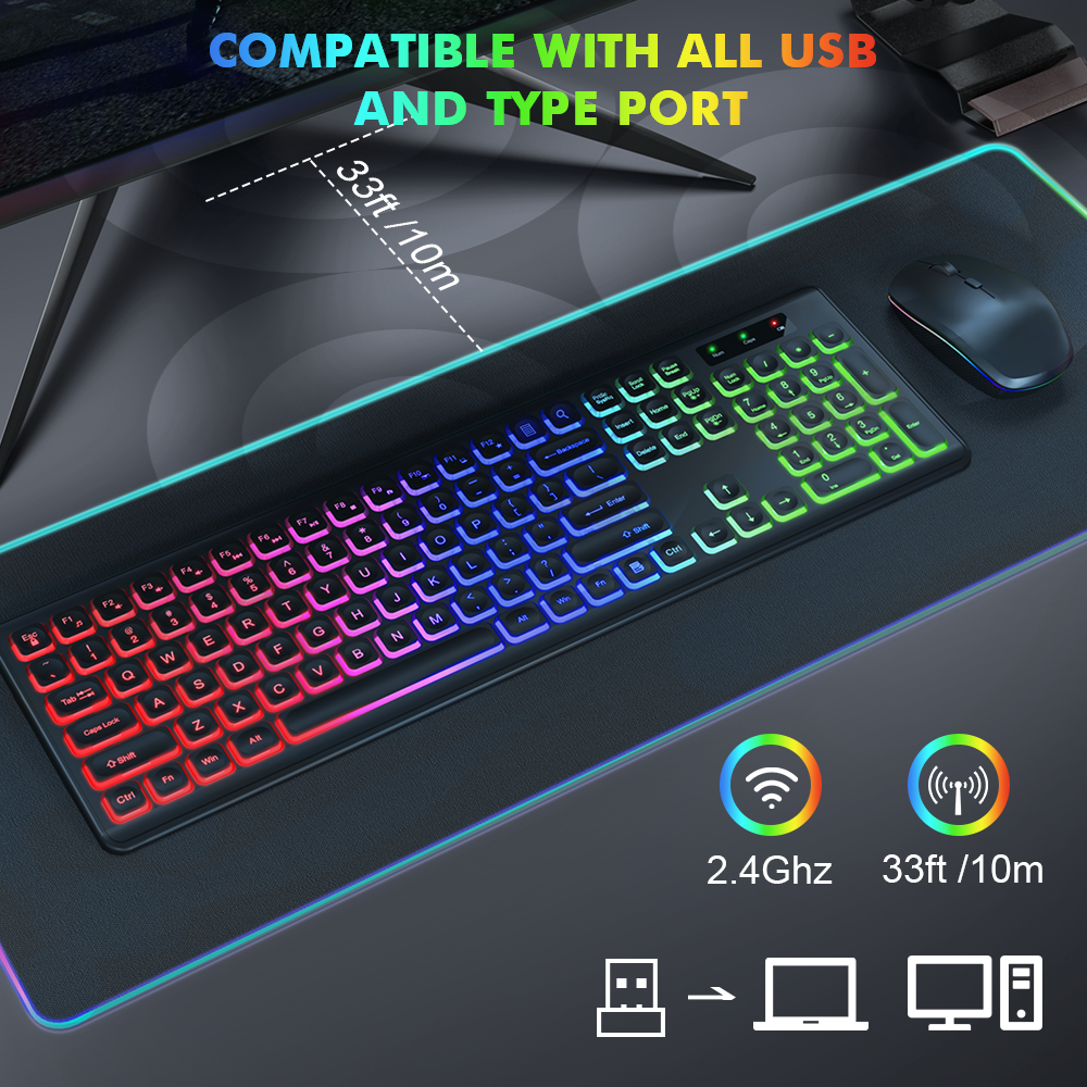 Wireless Keyboard and Mouse Combo - RGB Backlit-Rechargeable & Light Up Letters-Ergonomic Tilt Angle-Full-Size-Sleep