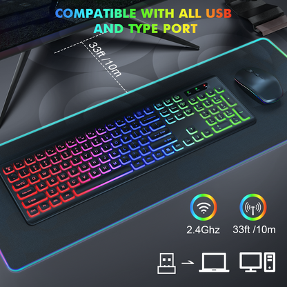 Wireless Keyboard and Mouse Combo - RGB Backlit-Rechargeable & Light Up Letters-Ergonomic Tilt Angle-Full-Size-Sleep