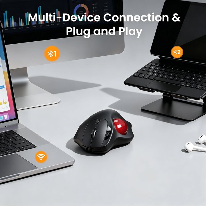 Wagpak Rechargeable Wireless Trackball Mouse with Ergonomic Thumb Control, Supports 3-device Switching (Bluetooth & USB), 5 Adjustable DPI, Relieves Wrist Fatigue