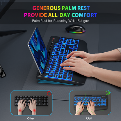 Wireless Keyboard and Mouse Combo with 7 Color Backlit, Rechargeable Ergonomic Keyboard with Palm Rest