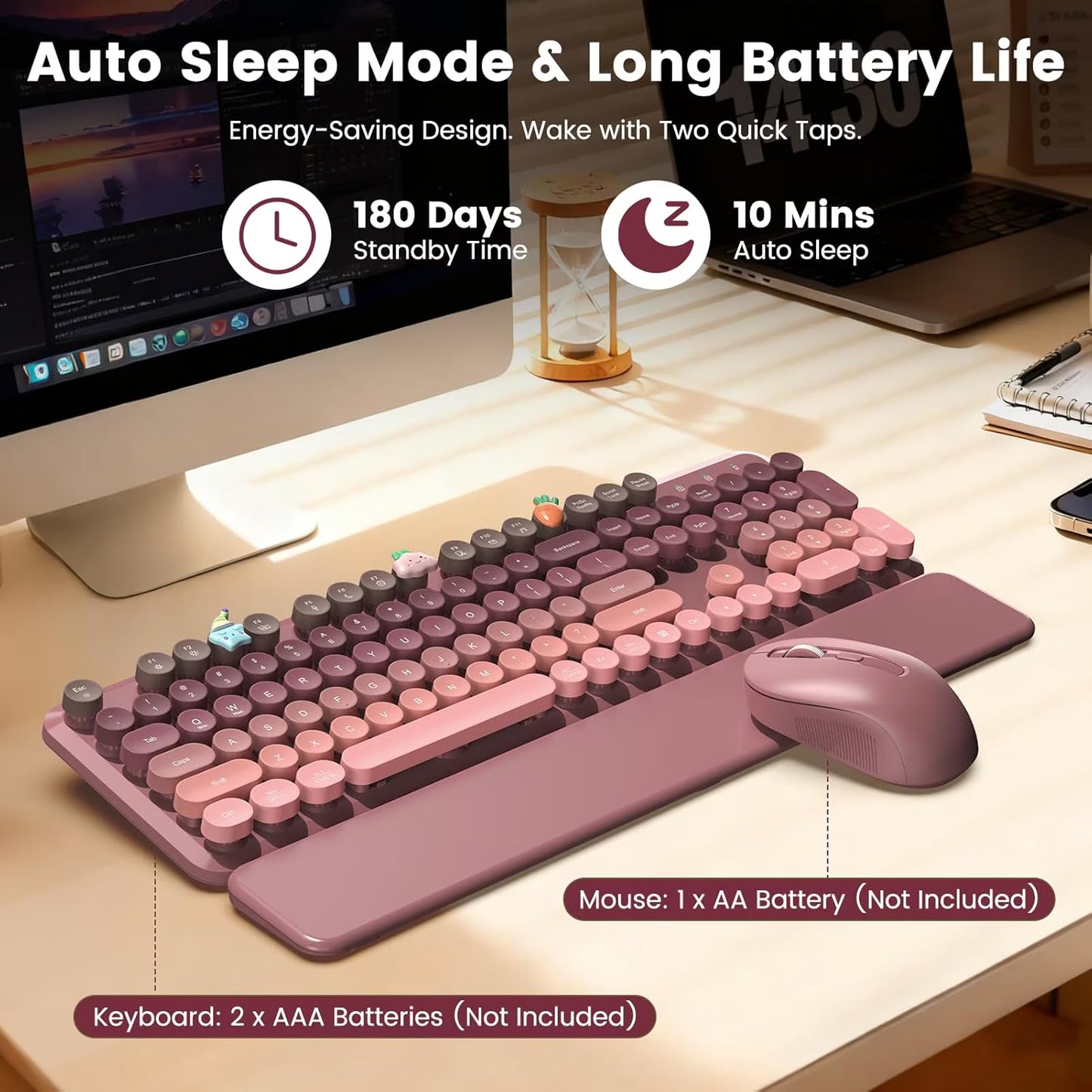 Wireless Keyboard and Mouse Combo Latte, Retro Round Keycaps, Full Size with Detachable Wrist Rest, 2.4G for PC Mac Windows