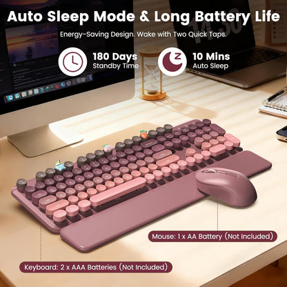 Wireless Keyboard and Mouse Combo Latte, Retro Round Keycaps, Full Size with Detachable Wrist Rest, 2.4G for PC Mac Windows