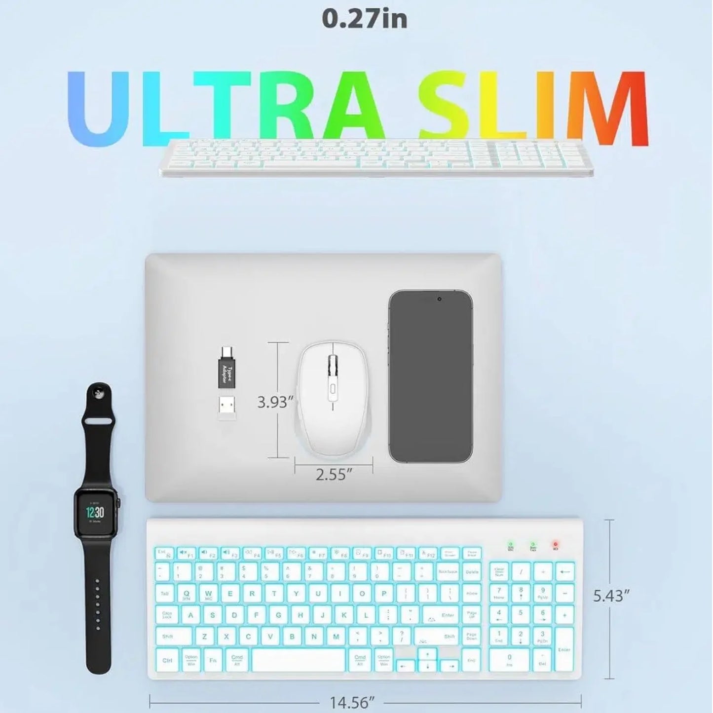 Wireless Keyboard and Mouse Combo - Quiet Backlit Keyboard with RGB Mouse, Rechargeable, Slim, Sleep Mode for Windows, Mac, Laptop -White-Wagpak