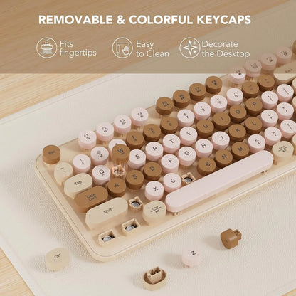 Wireless Keyboard and Mouse Combo Latte, Retro Round Keycaps, Full Size with Detachable Wrist Rest, 2.4G for PC Mac Windows
