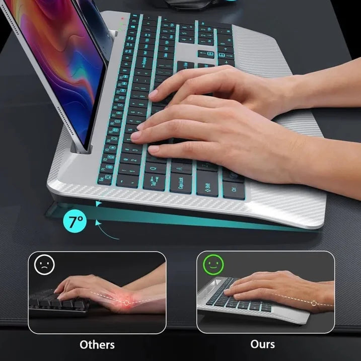 Wireless Keyboard and Mouse Backlit, Rechargeable Ergonomic Keyboard with Wrist Rest, LED Mouse, Phone Holder, Silent for Computer, Mac, PC, Laptop, Chromebook-Silver Black