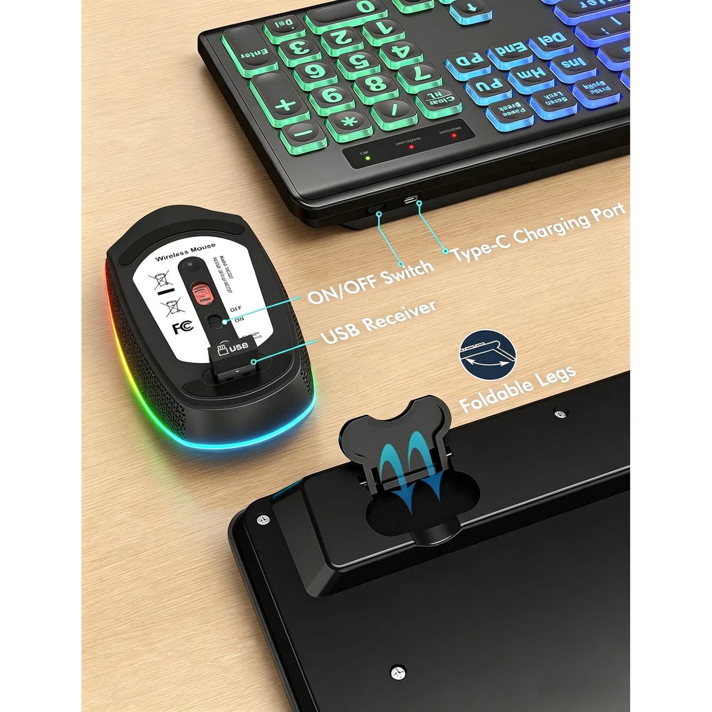 Wireless Keyboard and Mouse Combo, RGB Backlit, Rechargeable & Light Up Letters, Full-Size, Soft Typing, Sleep Mode, 2.4GHz Quiet Keyboard Set for Mac, Windows, Laptop, PC (Black)