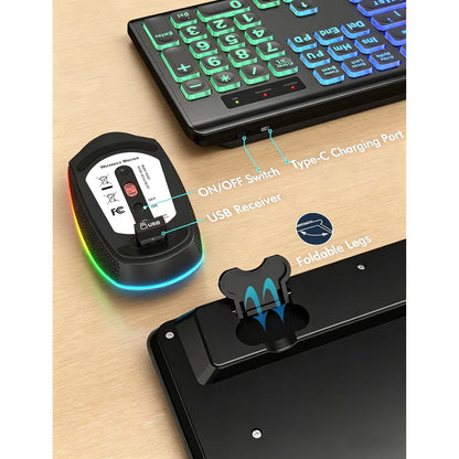 Wireless Keyboard and Mouse Combo, RGB Backlit, Rechargeable & Light Up Letters, Full-Size, Soft Typing, Sleep Mode, 2.4GHz Quiet Keyboard Set for Mac, Windows, Laptop, PC (Black)