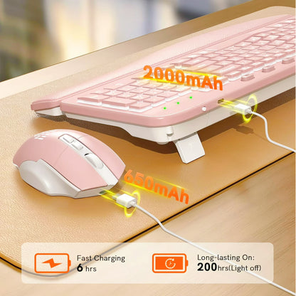 Wireless Keyboard and Mouse Combo - Ergonomic Wave Rechargeable Keyboard with Soft Leather Wrist Rest, RGB Backlit -Pink