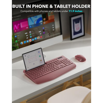 Wireless Keyboard and Mouse Combo, Full-Size Ergonomic Set with Wrist Rest & Phone Holder, 2.4G Wireless Plug & Play for PC, Laptop, Home & Office Use Claret