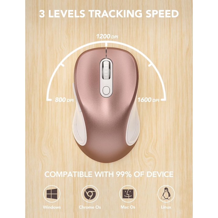Wireless Mouse for Laptop, Ergonomic Silent Computer Mouse with USB & USB-C, 3 DPI 6 Buttons,Rose Gold