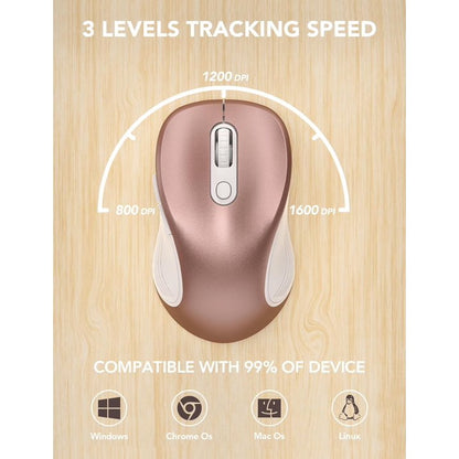 Wireless Mouse for Laptop, Ergonomic Silent Computer Mouse with USB & USB-C, 3 DPI 6 Buttons,Rose Gold