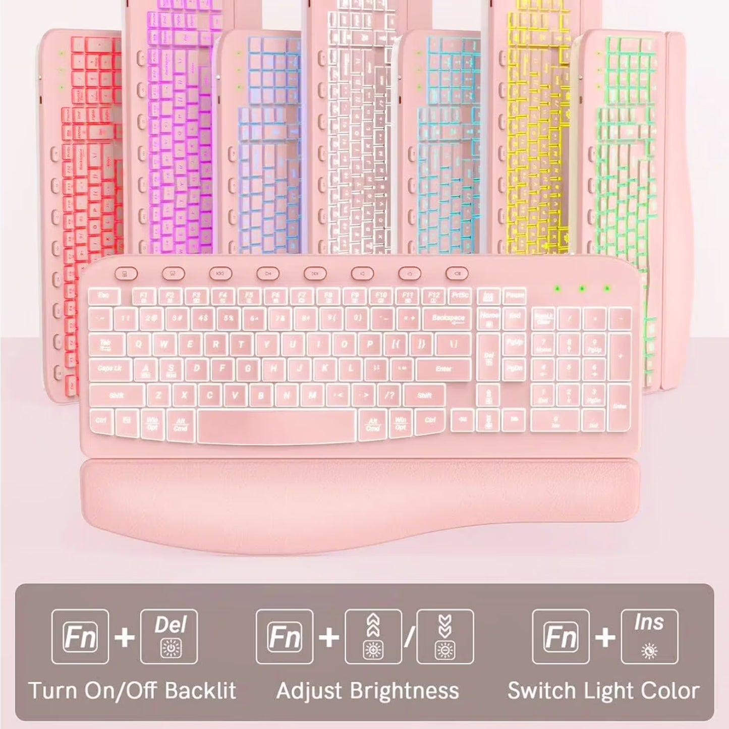 Wireless Keyboard and Mouse Combo - Ergonomic Wave Rechargeable Keyboard with Soft Leather Wrist Rest, RGB Backlit -Pink