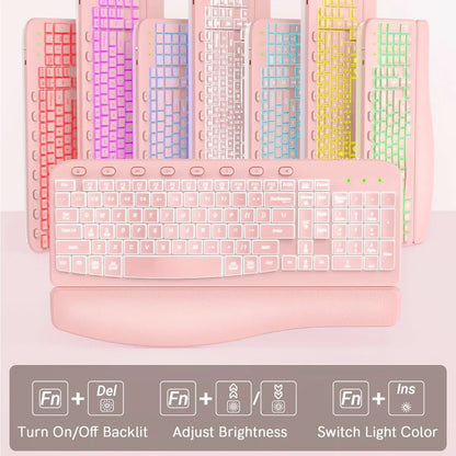 Wireless Keyboard and Mouse Combo - Ergonomic Wave Rechargeable Keyboard with Soft Leather Wrist Rest, RGB Backlit -Pink