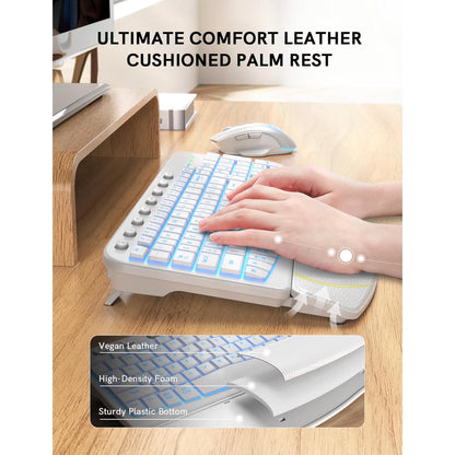 Wireless Keyboard and Mouse Combo - Ergonomic Wave Rechargeable Keyboard with Soft Leather Wrist Rest, RGB Backlit -White