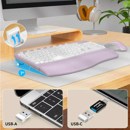 Ergonomic Wireless Keyboard and Mouse Combo, Leather Cushioned Palm Rest, Wave Keys, Silent Typing, 2.4G Lag-Free-Wagpak-Purple