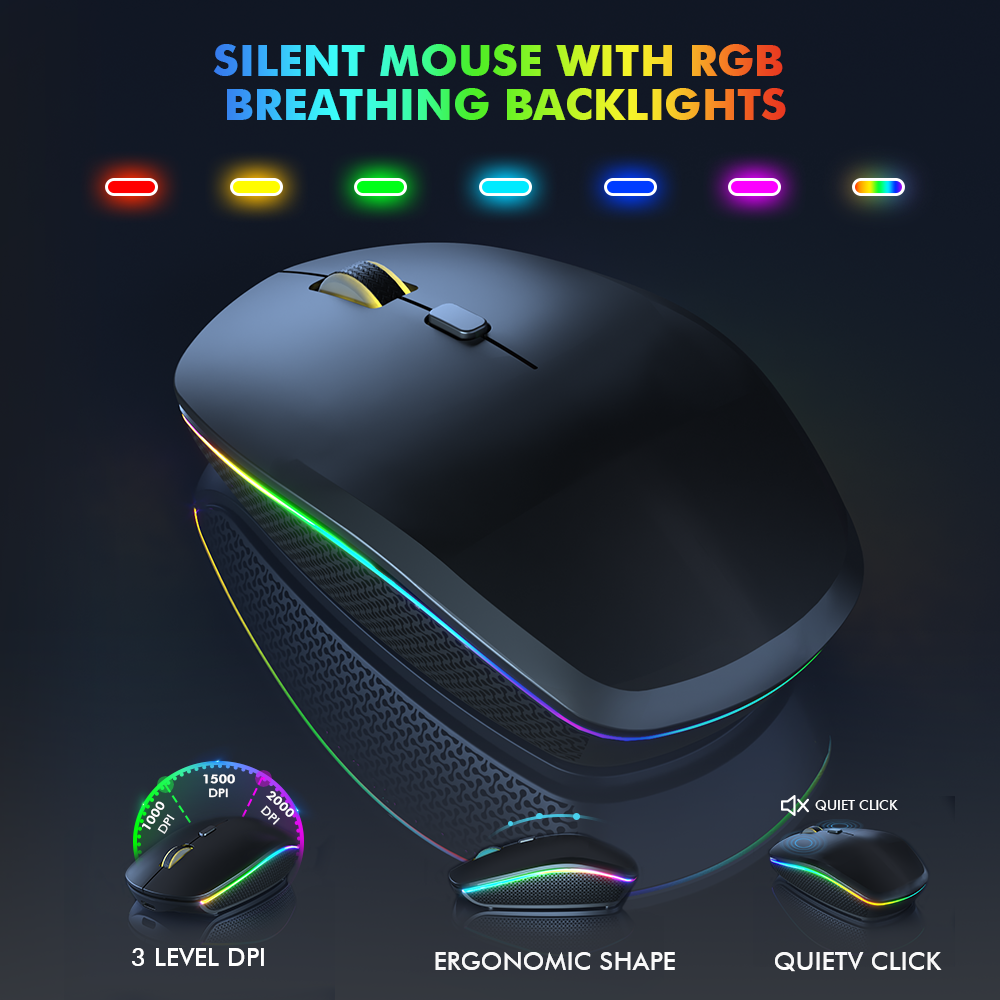 Wireless Keyboard and Mouse Combo - RGB Backlit-Rechargeable & Light Up Letters-Ergonomic Tilt Angle-Full-Size-Sleep