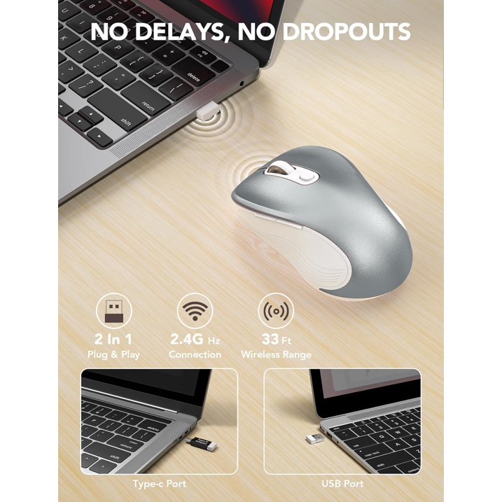 Wireless Mouse for Laptop, Ergonomic Silent Computer Mouse with USB & USB-C, 3 DPI 6 Buttons,Silver Grey