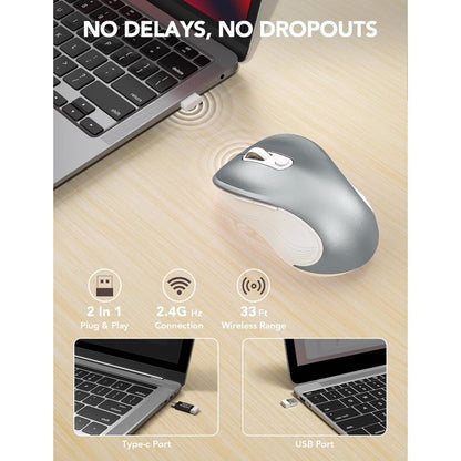 Wireless Mouse for Laptop, Ergonomic Silent Computer Mouse with USB & USB-C, 3 DPI 6 Buttons,Silver Grey