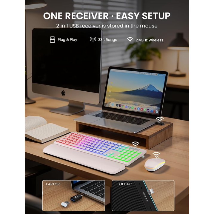 Wireless Keyboard and Mouse Combo, Rechargeable RGB Backlit with Light Up Letters, for Mac, Windows, PC & Laptop, Pastel Pink
