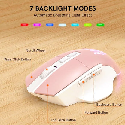 Wireless Keyboard and Mouse Combo - Ergonomic Wave Rechargeable Keyboard with Soft Leather Wrist Rest, RGB Backlit -Pink