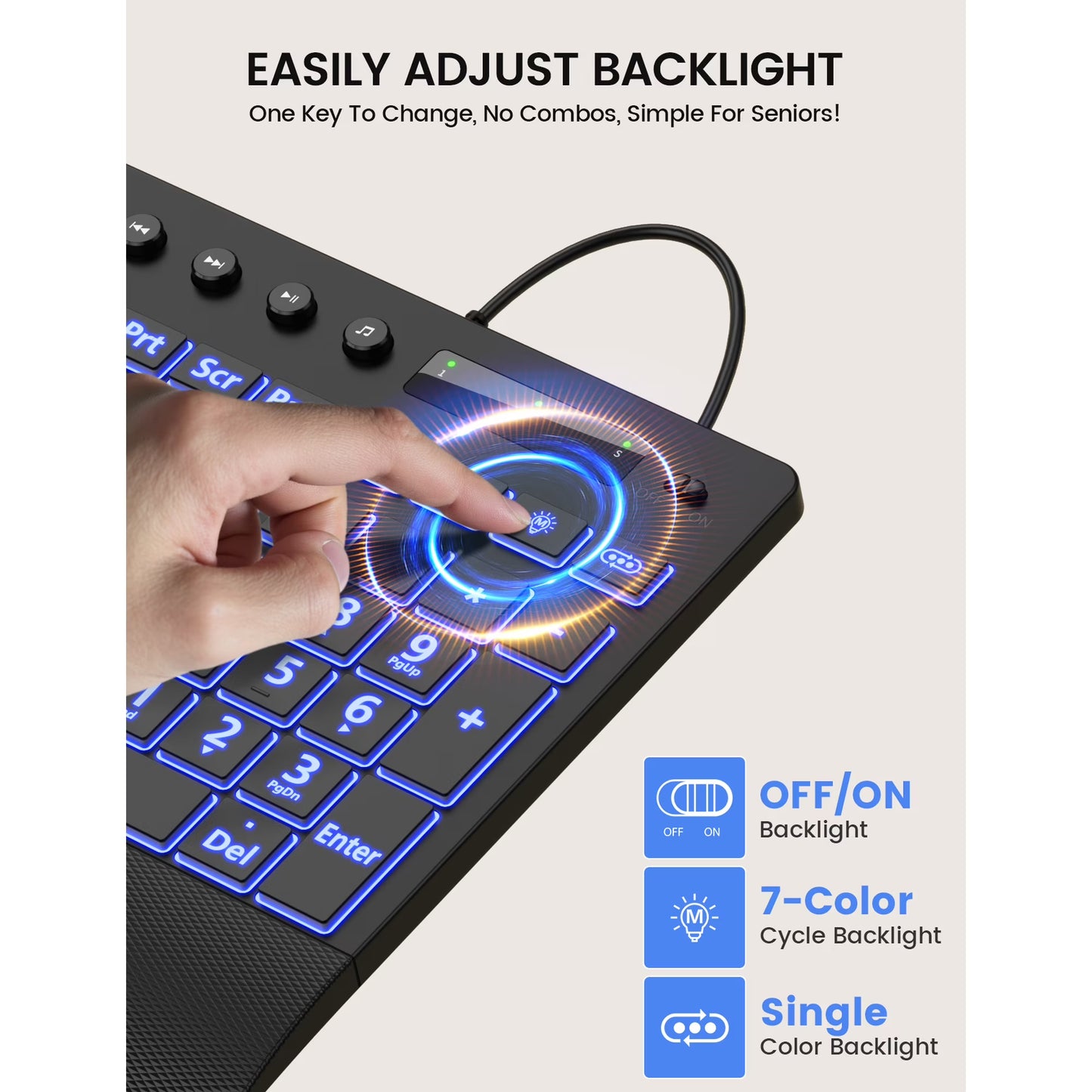 Large Print Wired Backlit Keyboard with Wrist Rest, Phone Holder, Backlight Memory, Quiet Keys, Ergonomic Keyboard for PC Laptop