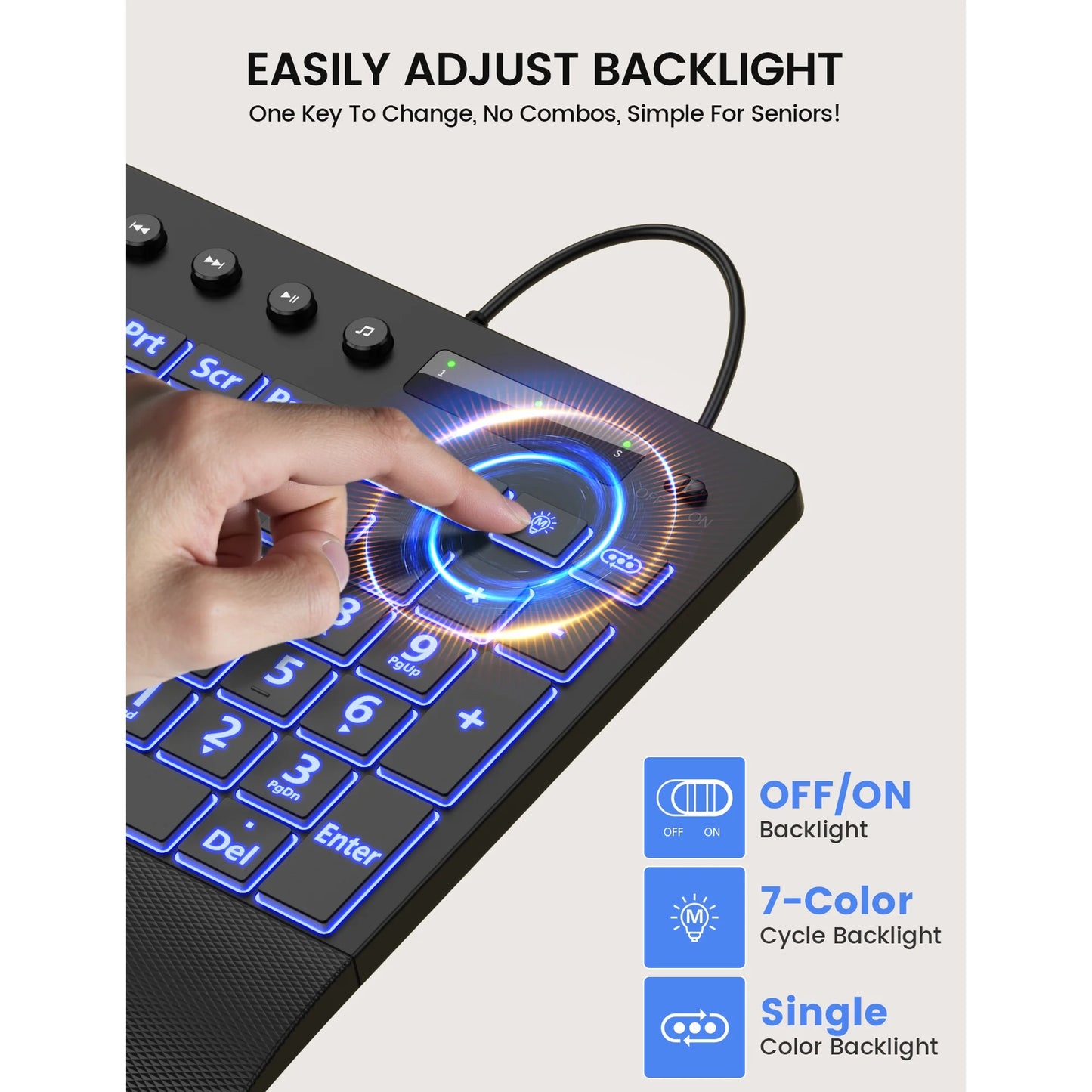 Large Print Wired Backlit Keyboard with Wrist Rest, Phone Holder, Backlight Memory, Quiet Keys, Ergonomic Keyboard for PC Laptop