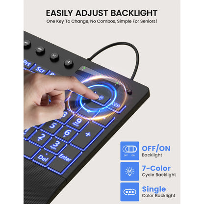 Large Print Wired Backlit Keyboard with Wrist Rest, Phone Holder, Backlight Memory, Quiet Keys, Ergonomic Keyboard for PC Laptop