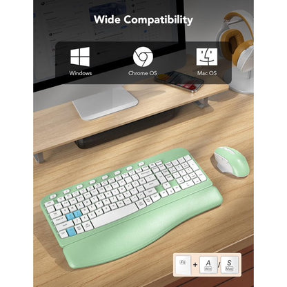 Ergonomic Wireless Keyboard and Mouse Combo, Leather Cushioned Palm Rest, Wave Keys, Silent Typing, 2.4G Lag-Free-Green