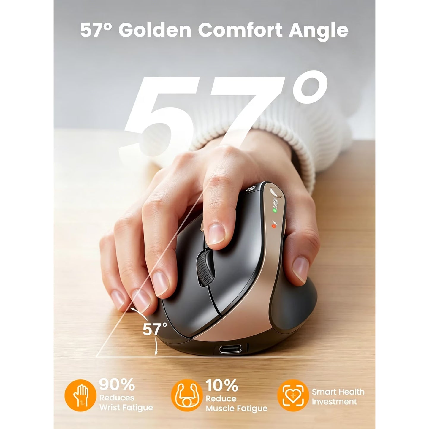 Ergonomic Vertical Mouse, Rechargeable Wireless Bluetooth Mouse for Small & Medium Hands, 4 Adjustable DPI Silent Click, Dual-Device Connection, Auto Sleep for Windows Mac OS, Black