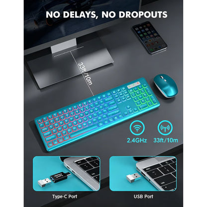 Wagpak Wireless Keyboard and Mouse Combo RGB Backlit Rechargeable 2.4GHz Quiet 108 Keys Keyboard-Metallic Blue