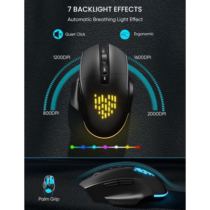 Wireless Keyboard and Mouse Combo, Ergonomic Wave Keyboard with Wrist Rest, RGB Backlit, Rechargeable, Dual System Compatible
