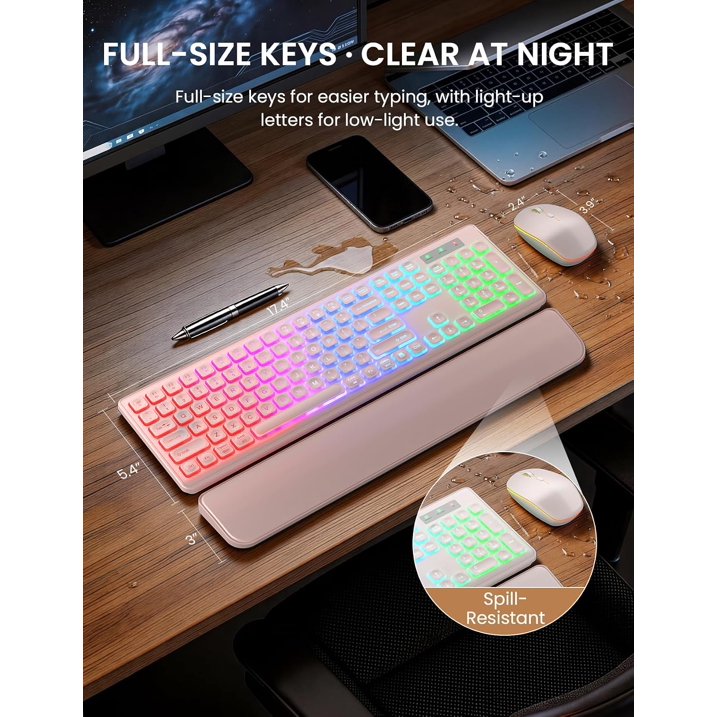 Wireless Keyboard and Mouse Combo, Rechargeable RGB Backlit with Light Up Letters, for Mac, Windows, PC & Laptop, Pastel Pink