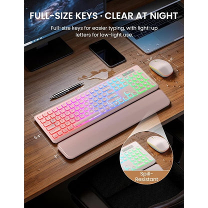 Wireless Keyboard and Mouse Combo, Rechargeable RGB Backlit with Light Up Letters, for Mac, Windows, PC & Laptop, Pastel Pink