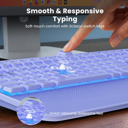 Rechargeable Backlit Wireless Keyboard and Mouse Combo, Ergonomic with Wrist Rest & Phone Holder, Silent for Windows/Mac/Chrome OS - Purple