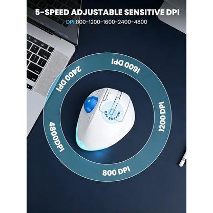 Ergonomic Wireless Trackball Mouse, Adjustable Angle, Thumb Control, Quiet Click, Rechargeable, Multi-Device Bluetooth & USB, for Windows Mac-White Ball