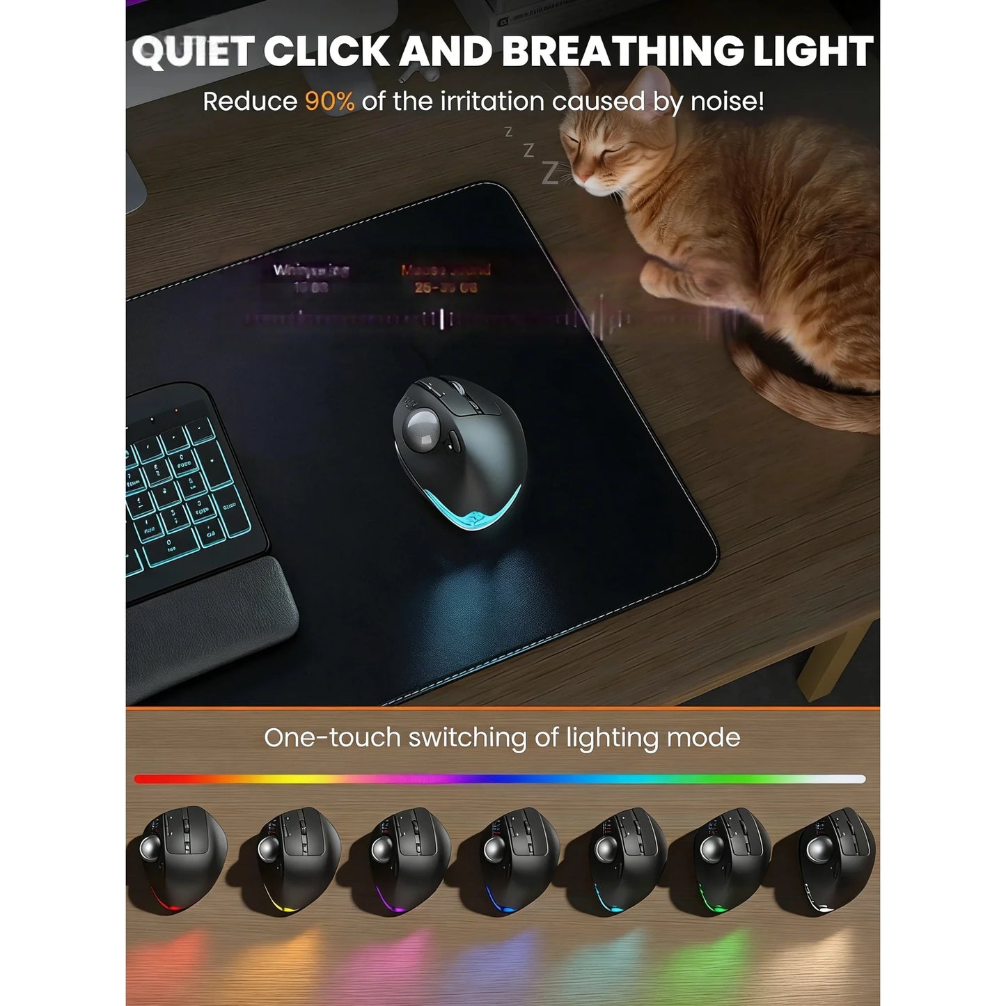 Ergonomic Wireless Trackball Mouse, Adjustable Angle, Thumb Control, Quiet Click, Rechargeable, Multi-Device Bluetooth & USB, for Windows Mac-Black Ball