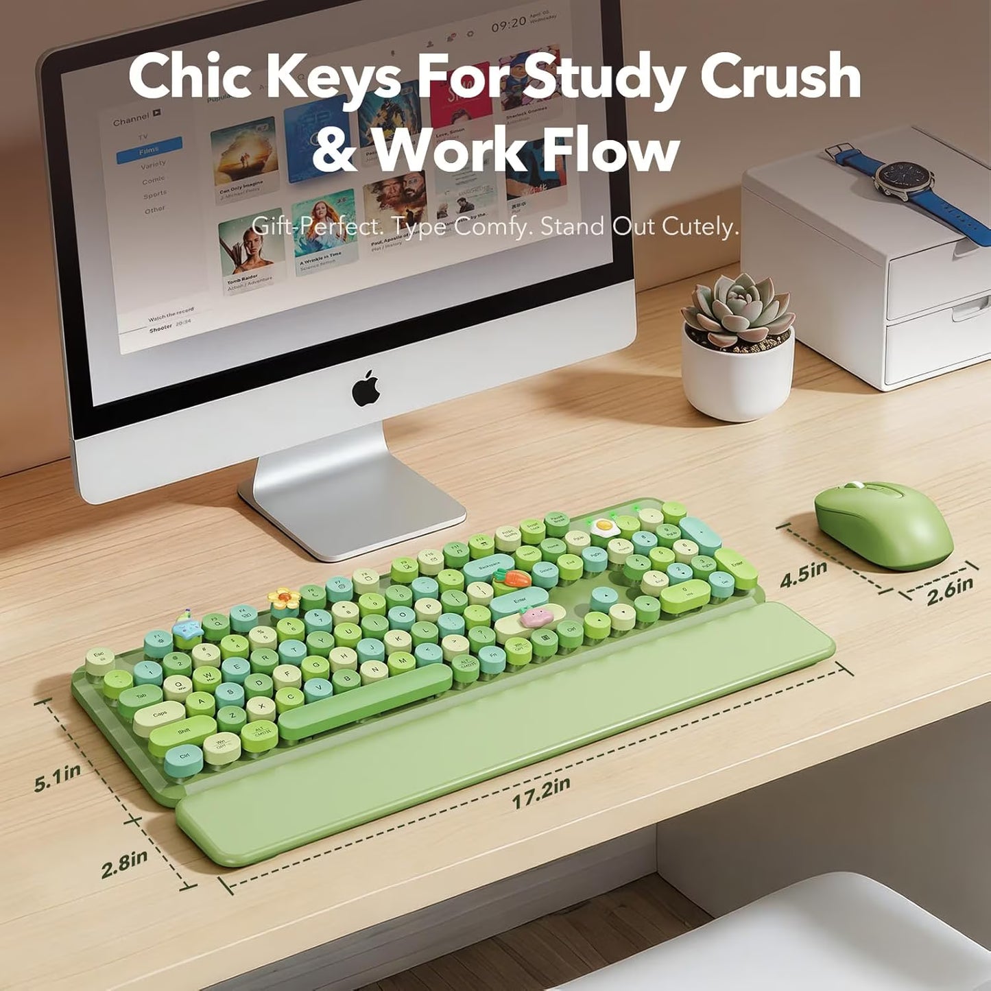 Wireless Keyboard and Mouse Combo Latte, Retro Round Keycaps, Full Size with Detachable Wrist Rest, 2.4G for PC Mac Windows