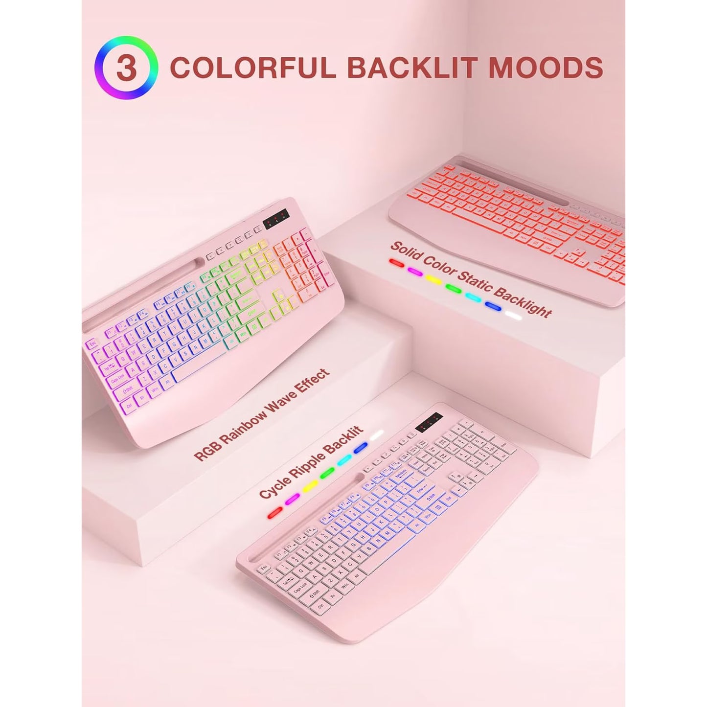 Wireless Keyboard and Mouse Combo with 9 Backlit, Wrist Rest & Phone Holder,Pink, New