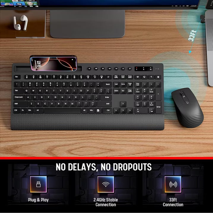 Wireless Keyboard and Mouse Combo with Full-Size Quiet, Palm Rest, Phone Holder, Multimedia Keys, Batteries Included, Compatible with Windows, PC, Laptop - Black