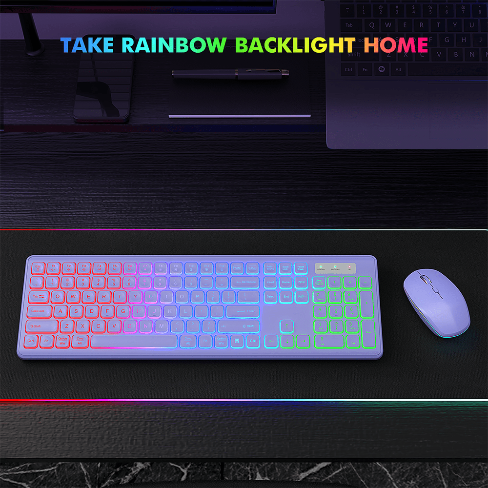 Wagpak Wireless Keyboard and Mouse Combo RGB Backlit Rechargeable 2.4GHz Quiet 108 keys Keyboard-Purple