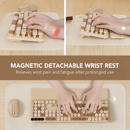 Wireless Keyboard and Mouse Combo Latte, Retro Round Keycaps, Full Size with Detachable Wrist Rest, 2.4G for PC Mac Windows