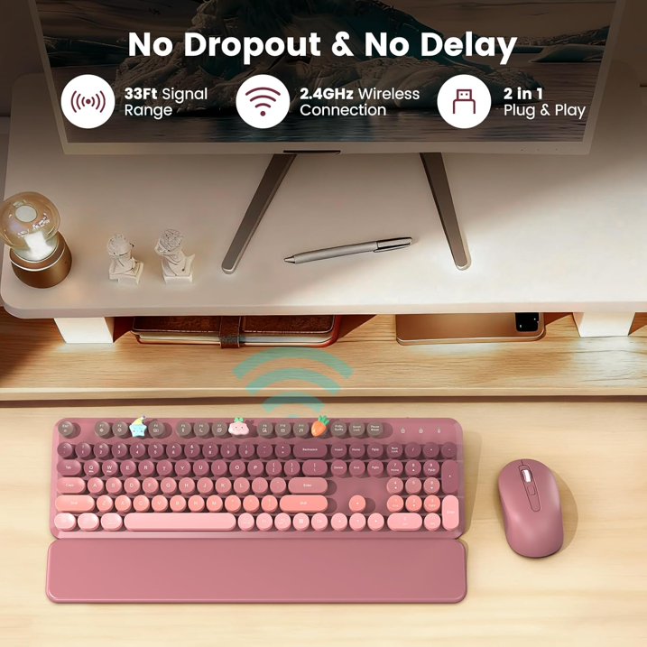 Wireless Keyboard and Mouse Combo Latte, Retro Round Keycaps, Full Size with Detachable Wrist Rest, 2.4G for PC Mac Windows