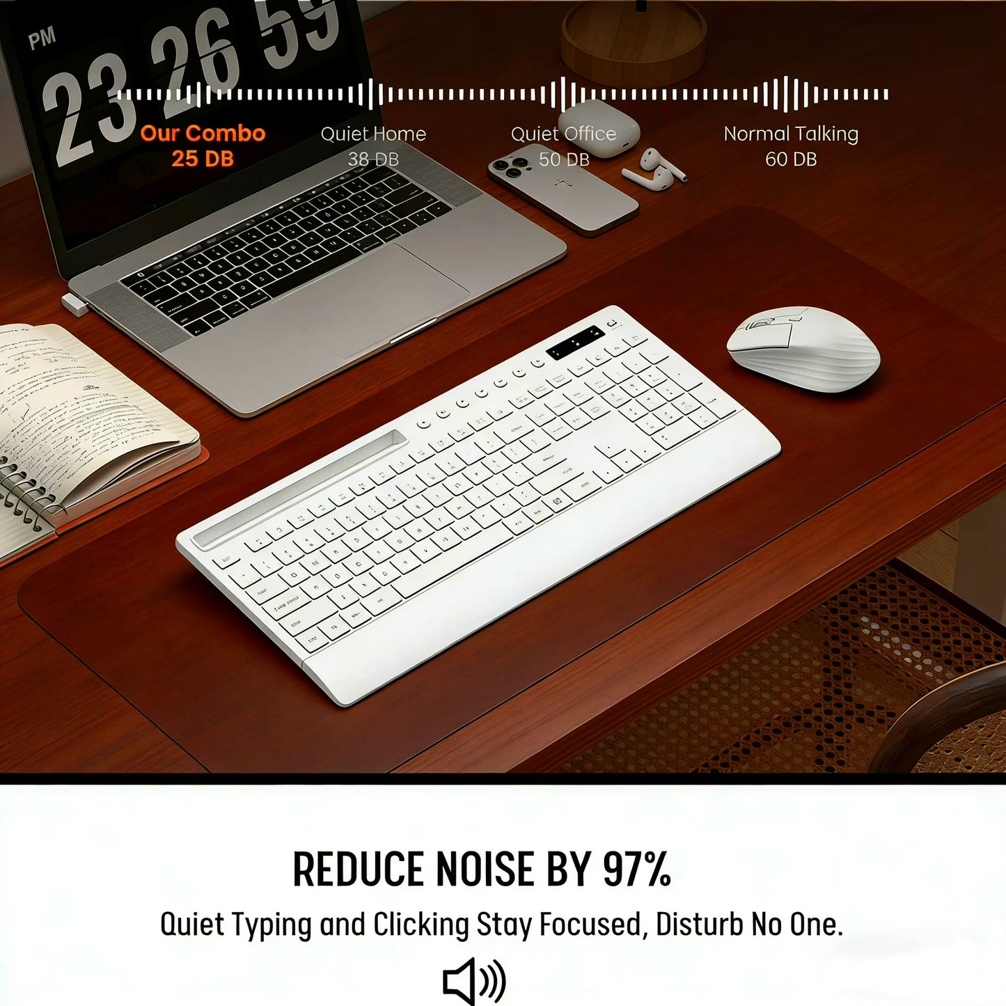 Wireless Keyboard and Mouse Combo with Full-Size Quiet, Palm Rest, Phone Holder, Multimedia Keys, Batteries Included, Compatible with Windows, PC, Laptop - White