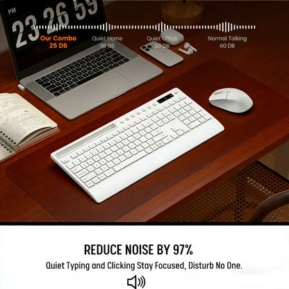 Wireless Keyboard and Mouse Combo with Full-Size Quiet, Palm Rest, Phone Holder, Multimedia Keys, Batteries Included, Compatible with Windows, PC, Laptop - White