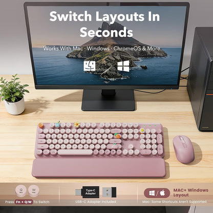 Wireless Keyboard and Mouse Combo Latte, Retro Round Keycaps, Full Size with Detachable Wrist Rest, 2.4G for PC Mac Windows