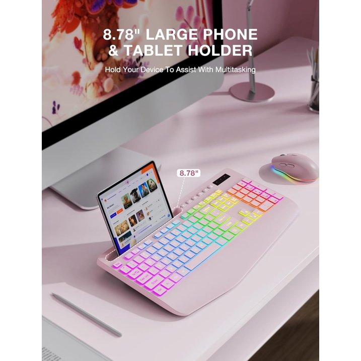 Wireless Keyboard and Mouse Combo with 9 Backlit, Wrist Rest & Phone Holder,Pink, New