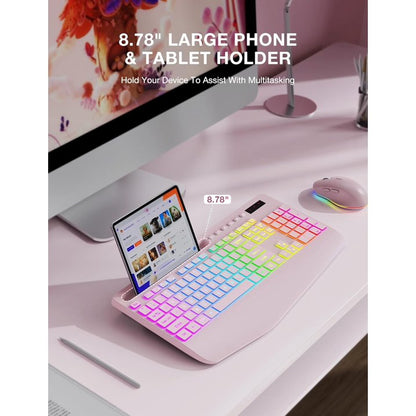 Wireless Keyboard and Mouse Combo with 9 Backlit, Wrist Rest & Phone Holder,Pink, New