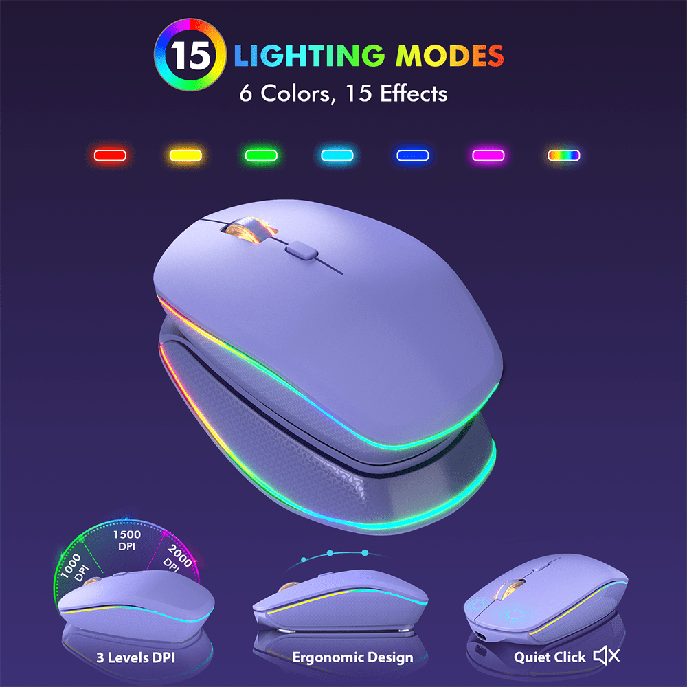 Wagpak Wireless Keyboard and Mouse Combo RGB Backlit Rechargeable 2.4GHz Quiet 108 keys Keyboard-Purple