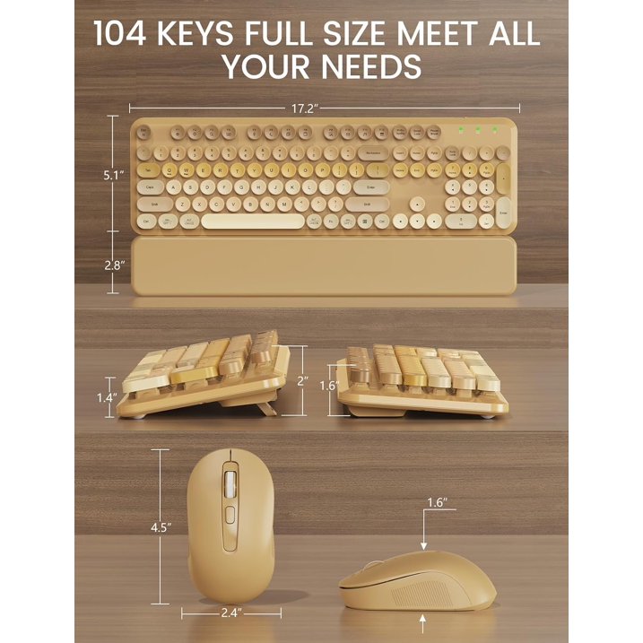 Wireless Keyboard and Mouse Combo, Retro Round Keycaps, Full Size with Detachable Wrist Rest, 2.4G for PC,Ombre Latte Beige