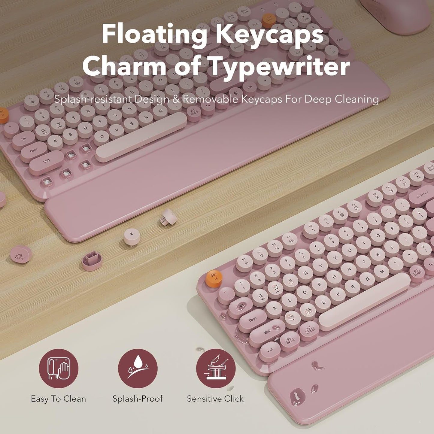 Wireless Keyboard and Mouse Combo Latte, Retro Round Keycaps, Full Size with Detachable Wrist Rest, 2.4G for PC Mac Windows